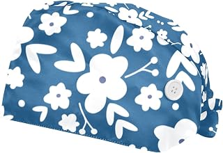 Blue Small Flower 2 Pieces Unisex Working Caps with Buttons Adjustable Bouffant Hats Tie Back Caps