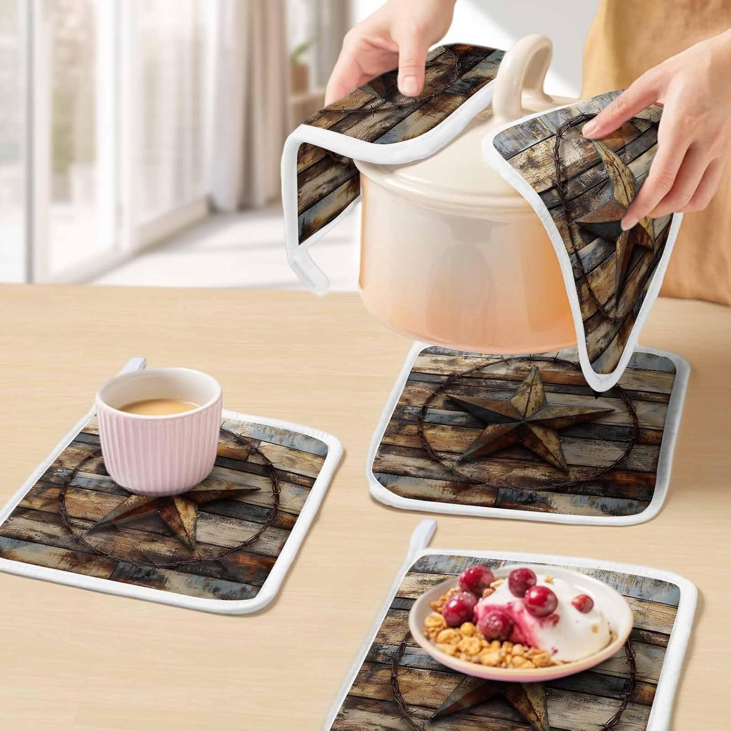 5 Pack Pot Holders for Kitchen, Vintage Farmhouse Hot Pads for Kitchen Countertops Oven Pot Holder Bulk, Western Texas Rustic Star Wooden Grain Heat Insulation Potholders with Hanging Loops