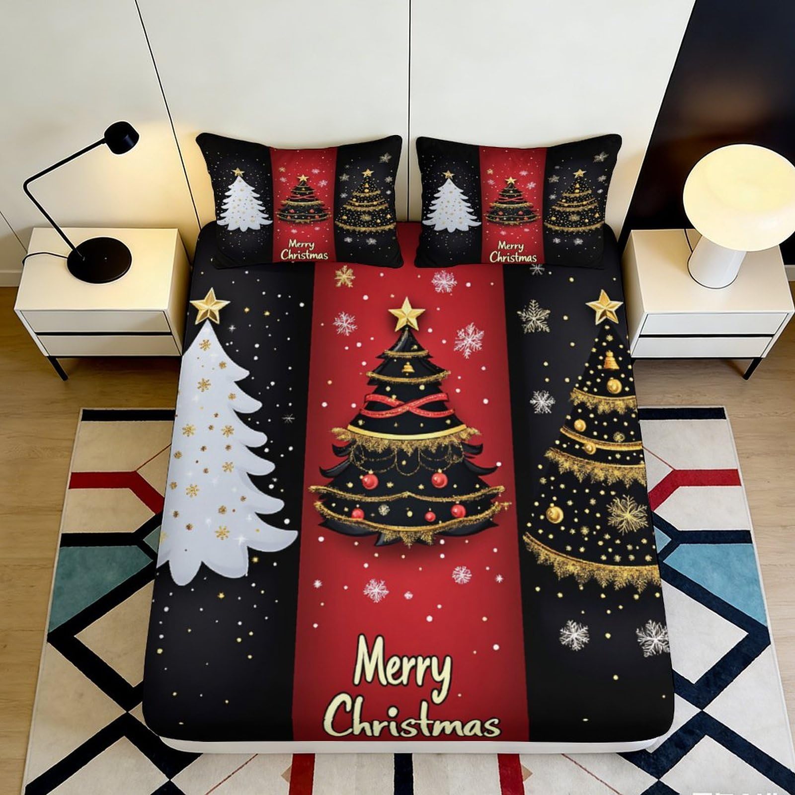 Jqzkxnhpbr Style-6 3D Printed Christmas Tree Fitted Sheet Microfiber Soft Red Black Gold Snowflake Bed Cover For Bedroom Dorm Mattress Protection 90X200x25cm