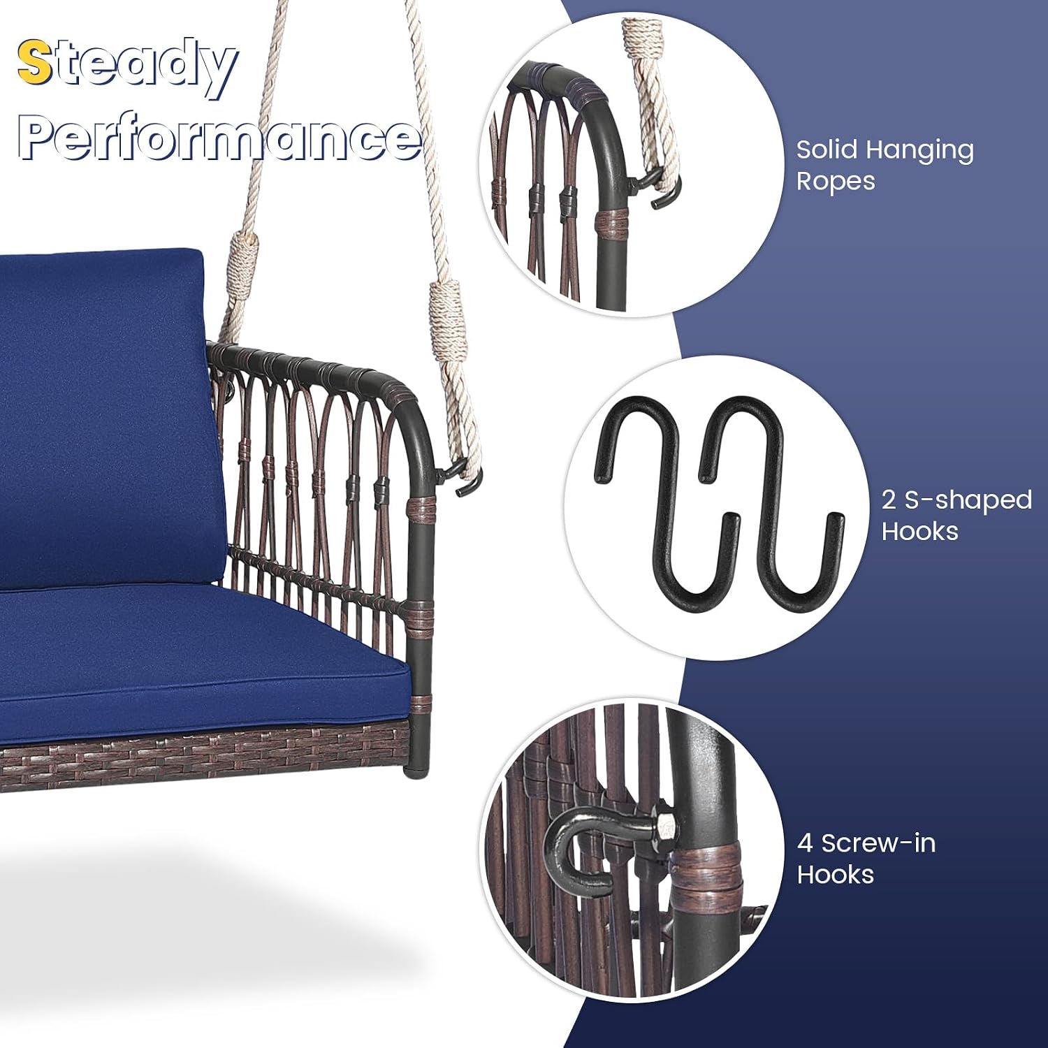 HAPPYGRILL Porch Swing Chair, Rattan Woven Hanging Seat with Hanging Ropes, Cushions Hooks, Wicker Hanging Swing Bench for Porch Lawn Garden Backyard Balcony