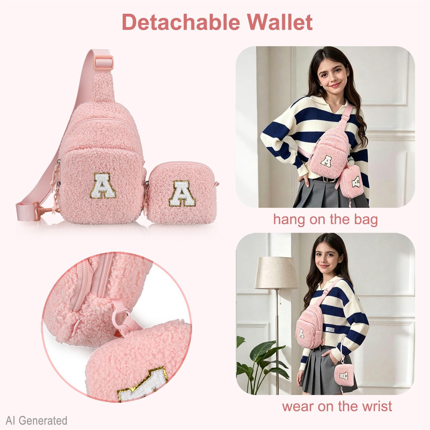 Birthday Gifts for 3 4 5 6 7 8 9 10 11 12 Year Old Girls, Initial Crossbody Sling Bag Fanny Pack Belt Bag with Purse for Teen Girl Daughter Sister, Personalized Cute Trendy Stuff, Pink