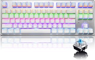 Bluetooth Mechanical Gaming Keyboard with Multi Backlit 87 Anti-Ghost Key Ergonomic Metal Plate Wired/Wireless USB Receiver Rechargeable 3300mAh Battery for PC Mac Gamer (White Rainbow/Blue Switch)