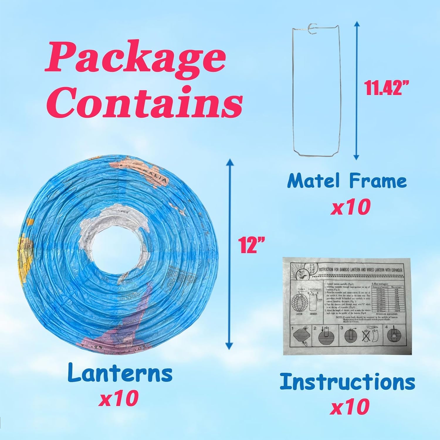 10 PCS 12" Hanging World Map Paper Lanterns for Decorations, Geographic Education for Kids, Globe Travel Theme Party, Mid-Autumn Festival(Blue)