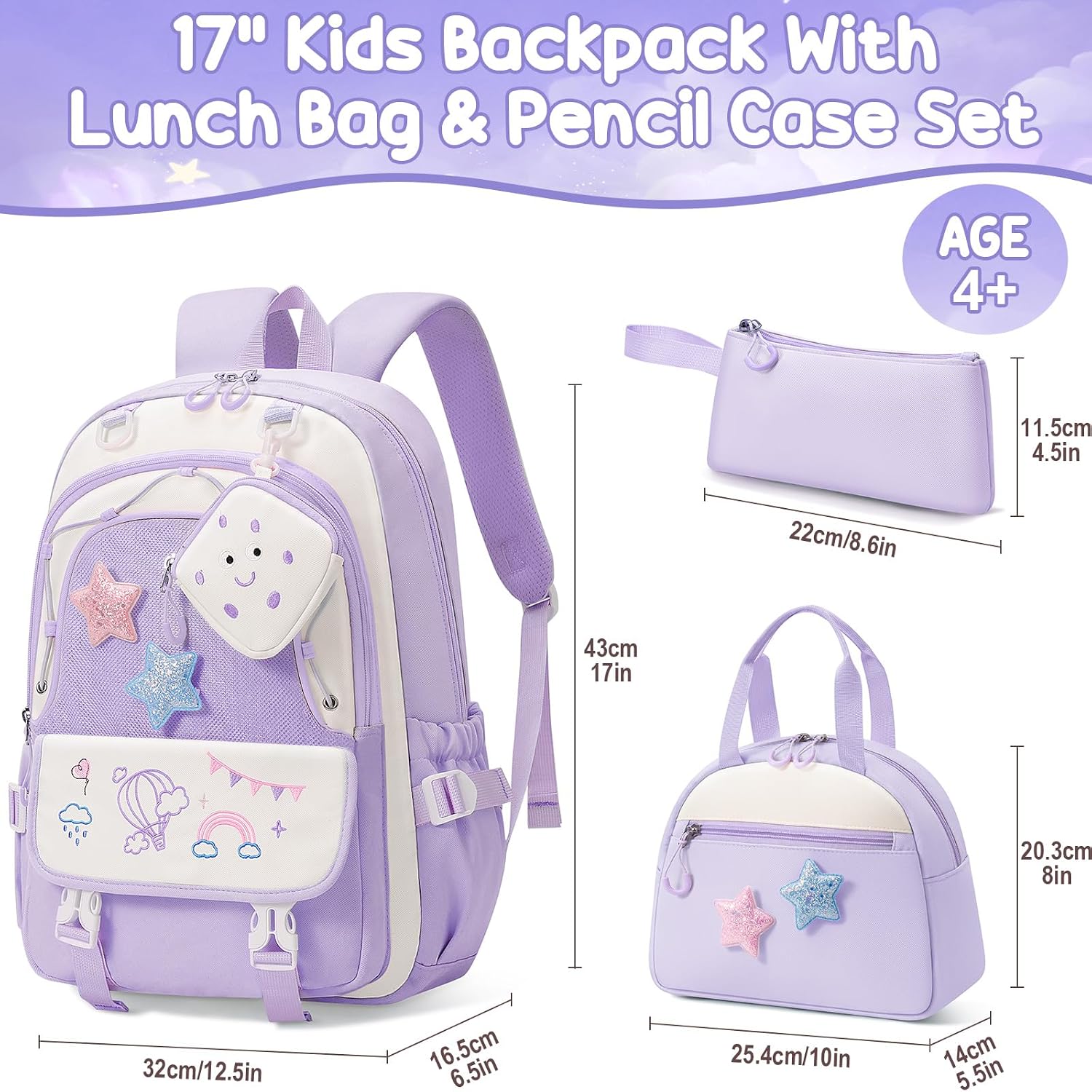 Fimibuke Kids Backpack for Girls, 4 PCS Waterproof Teen Girls Backpack with Lunch Box, Pencil Case & Headphone Bag Set