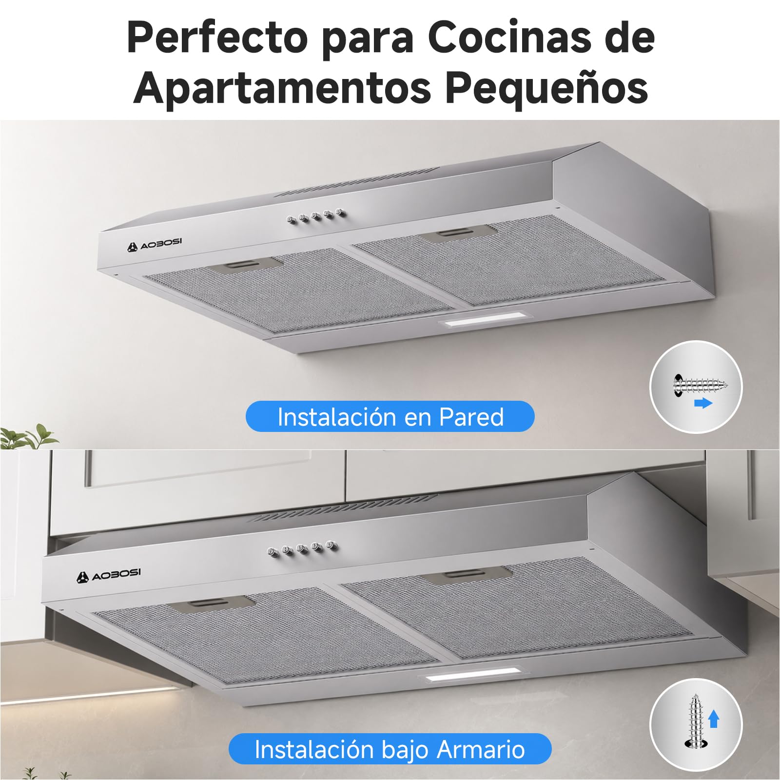 AAOBOSI A++ Campana Extractora 60 cm, 3 Niveles de Potencia, 230m³/h Extractor Cocina, Filtro de Carbón, Iluminación LED, Acero Inox Silver