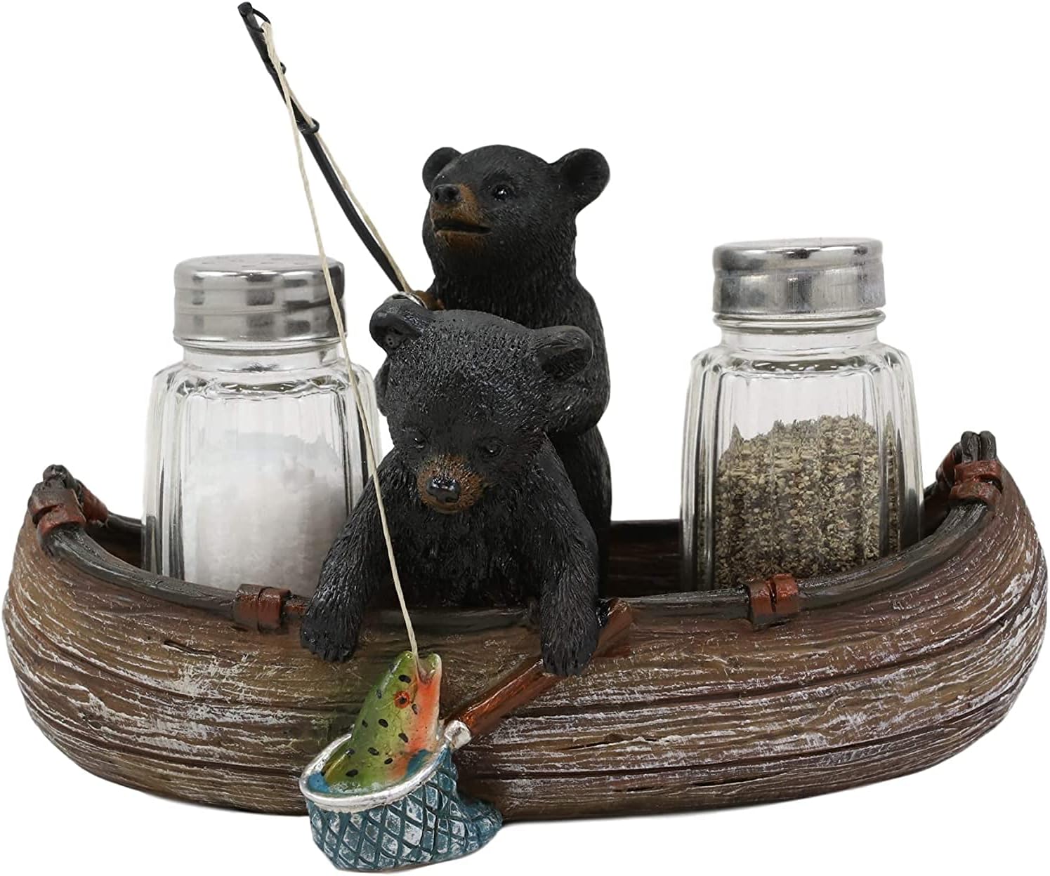 Ebros Gift 7" Wide Rustic Forest 2 Black Bear Siblings Fishing Bass With Net And Rod In Canoe Boat Glass Salt And Pepper Shakers Holder Statue Kitchen Dining Centerpiece Figurine