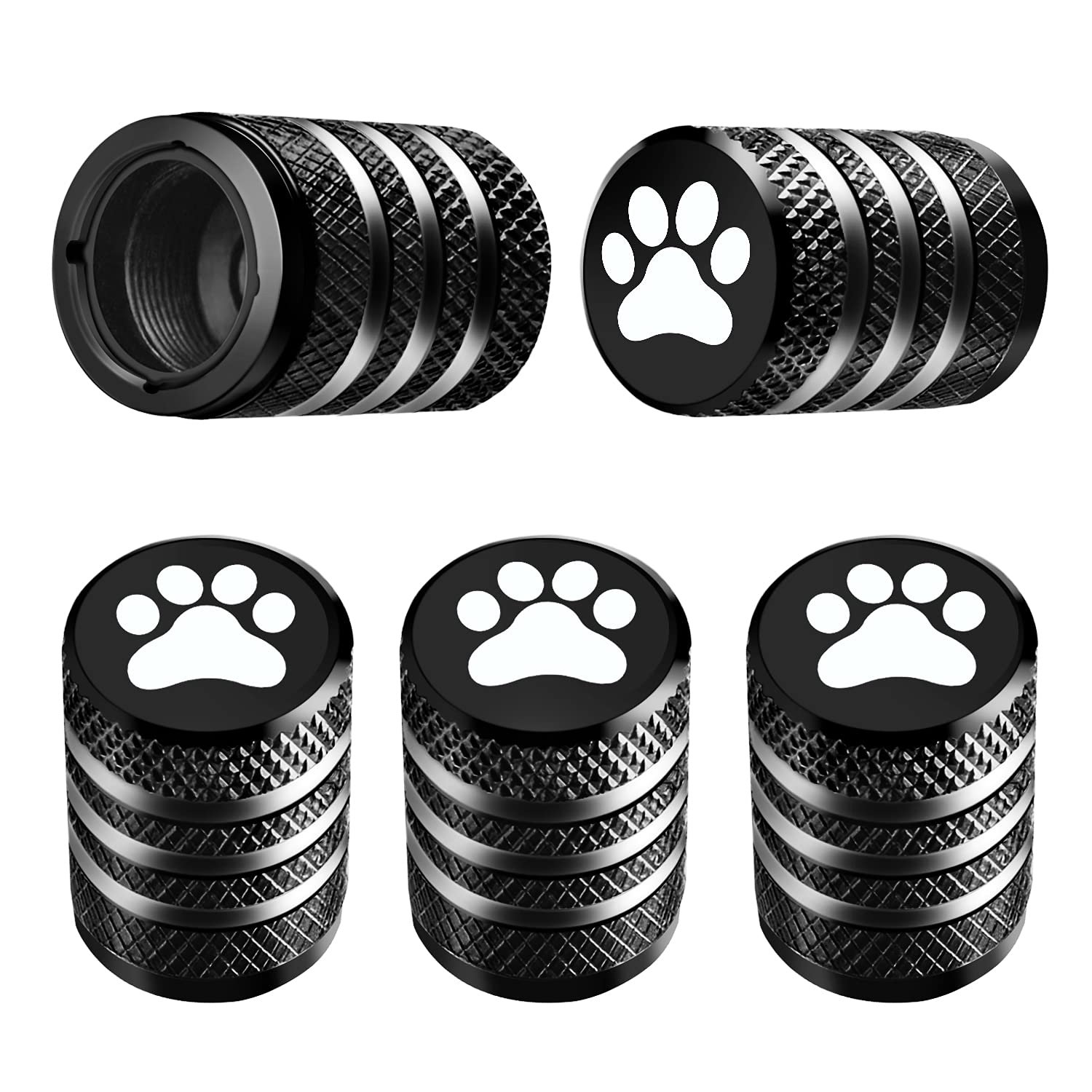 DECURCAR Tire Valve Stem Cap Cover - (5 Pack) Tire Air Caps Metal with Plastic Liner Corrosion Resistant Leak-Proof Cat/Dog Paw for Car Truck Motorcycle Bike Black