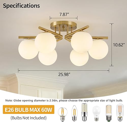 Miniatura 3 de Sputnik - Lámpara de techo de 6 luces, semiempotrada, lámpara de techo Sputnik con globo de vidrio de leche, lámpara de latón cepillado para sala de