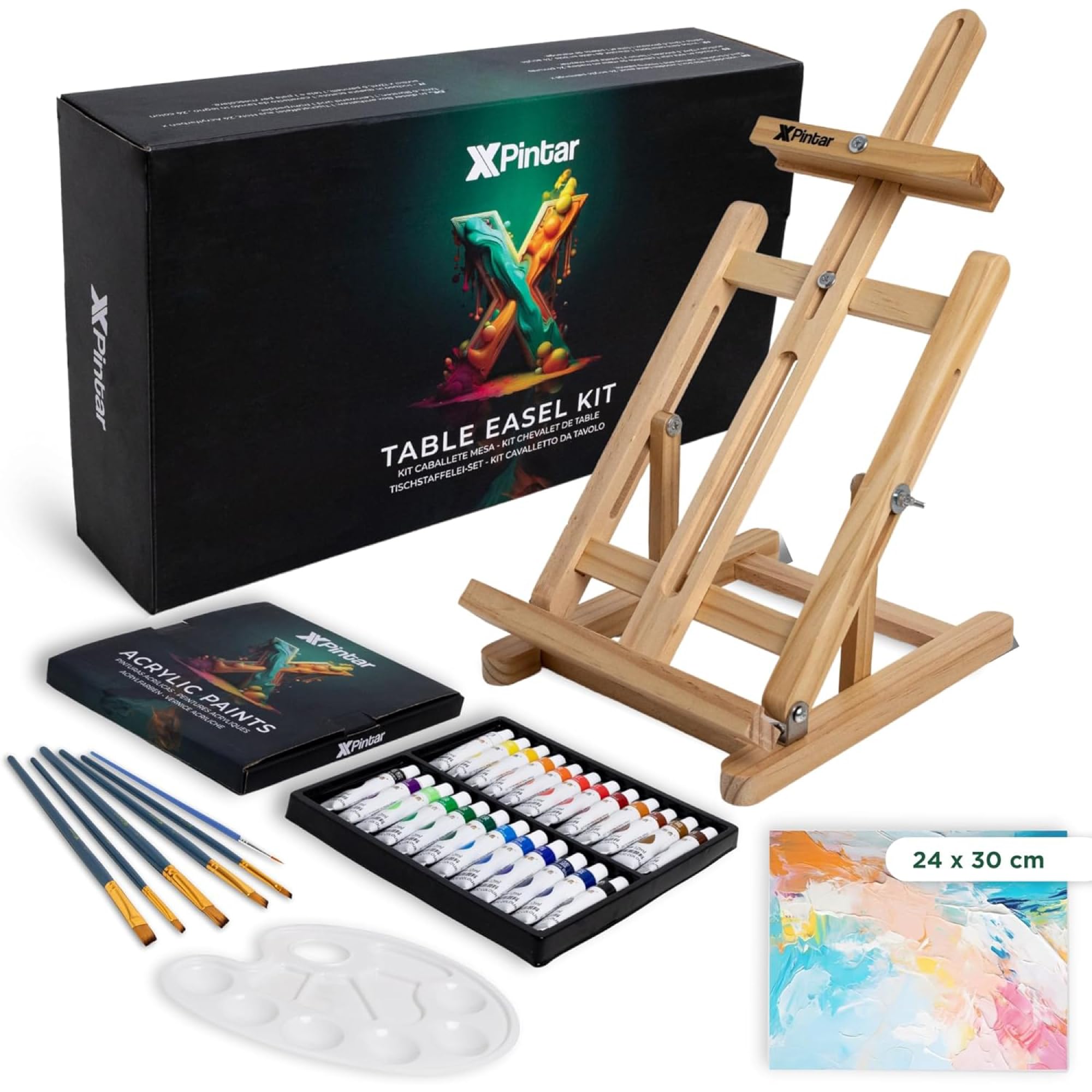 Acrylfarben-Set, 33-teilig, mit Staffelei aus Holz, 24 Tuben mit Acrylfarben, lebendige Farben, 12 ml, mit Leinwand zum Bemalen von 24 x 30 cm, plus 6 Pinsel und Palette