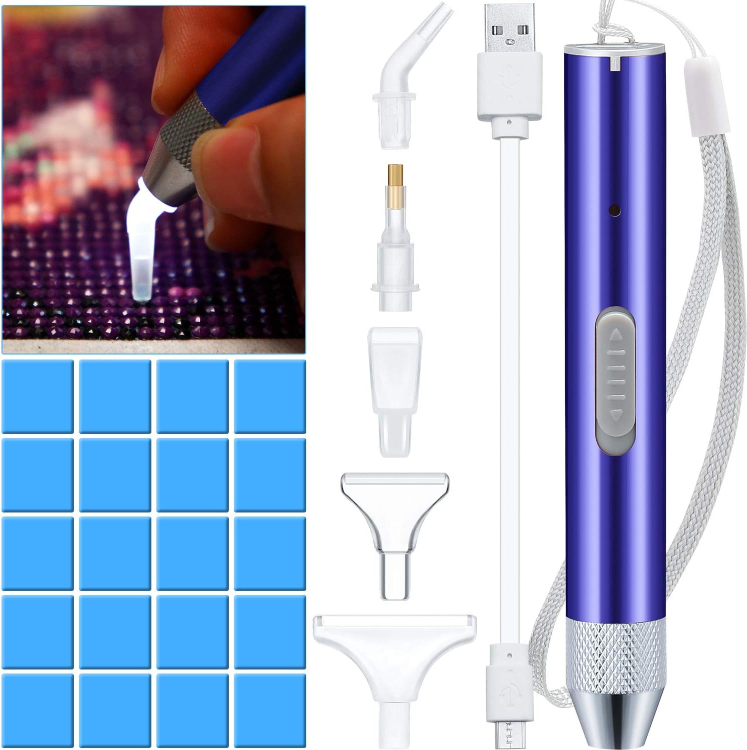 Maitys Electric Diamond Painting Pen Point Drill Pen with Light 5d DIY Diamond Painting Tool with 20 Pieces Glue Clay 5 Pieces Replacement Heads for DIY Craft(Blue)