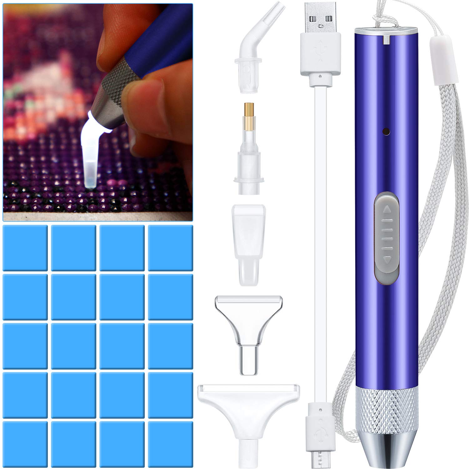 Maitys Diamond Painting Pen Point Drill Pen with Light 5D Diamond Painting Tool with 20 Clay Paint Glue 5 Replacement Head Diamond Painting Pen (Blue)