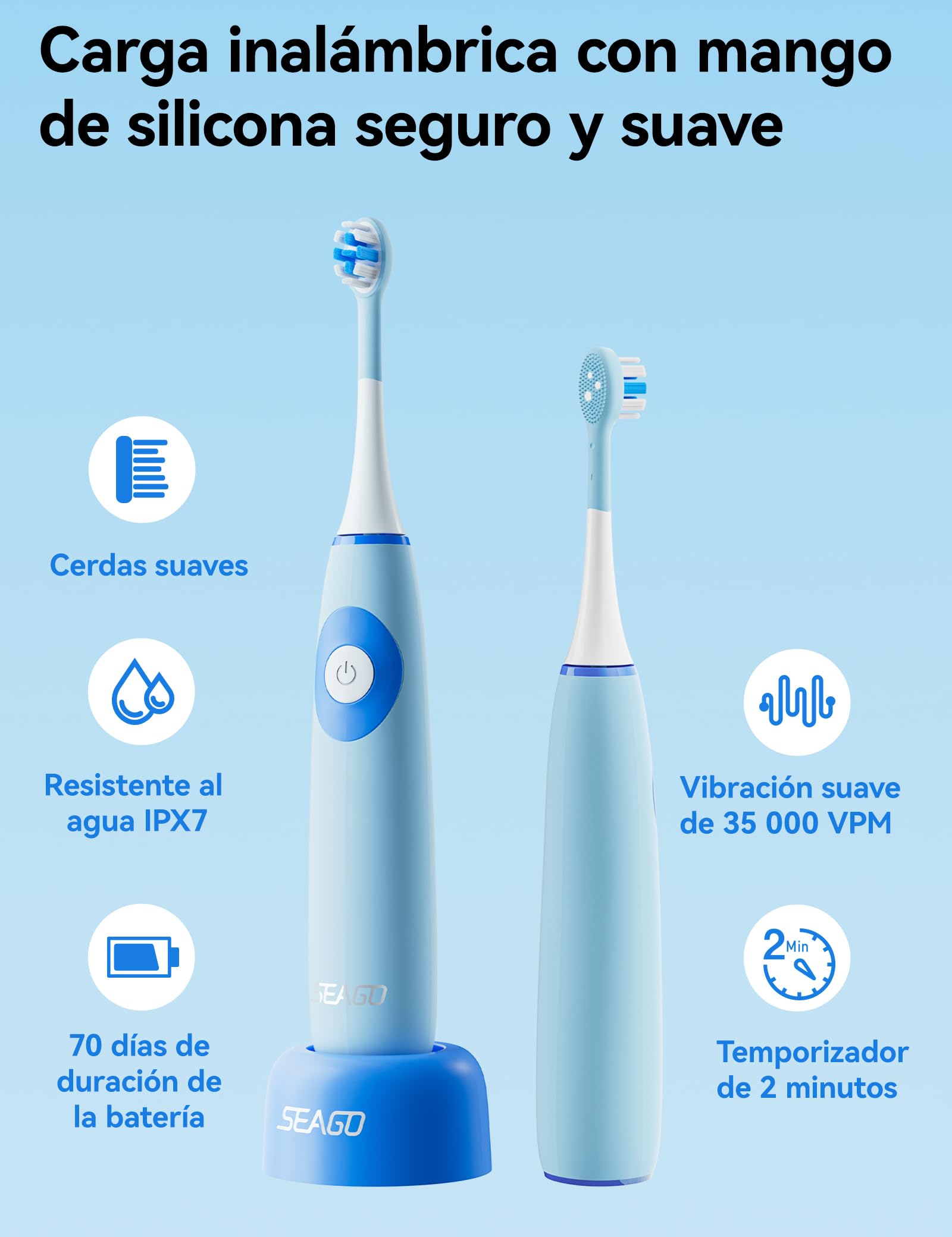 Seago Cepillo de dientes eléctrico para niños de 5 a 8 años, Cepillo de dientes eléctrico infantil con estación de carga, libre de BPA, mango antideslizante de silicona apta para alimentos(Azul)