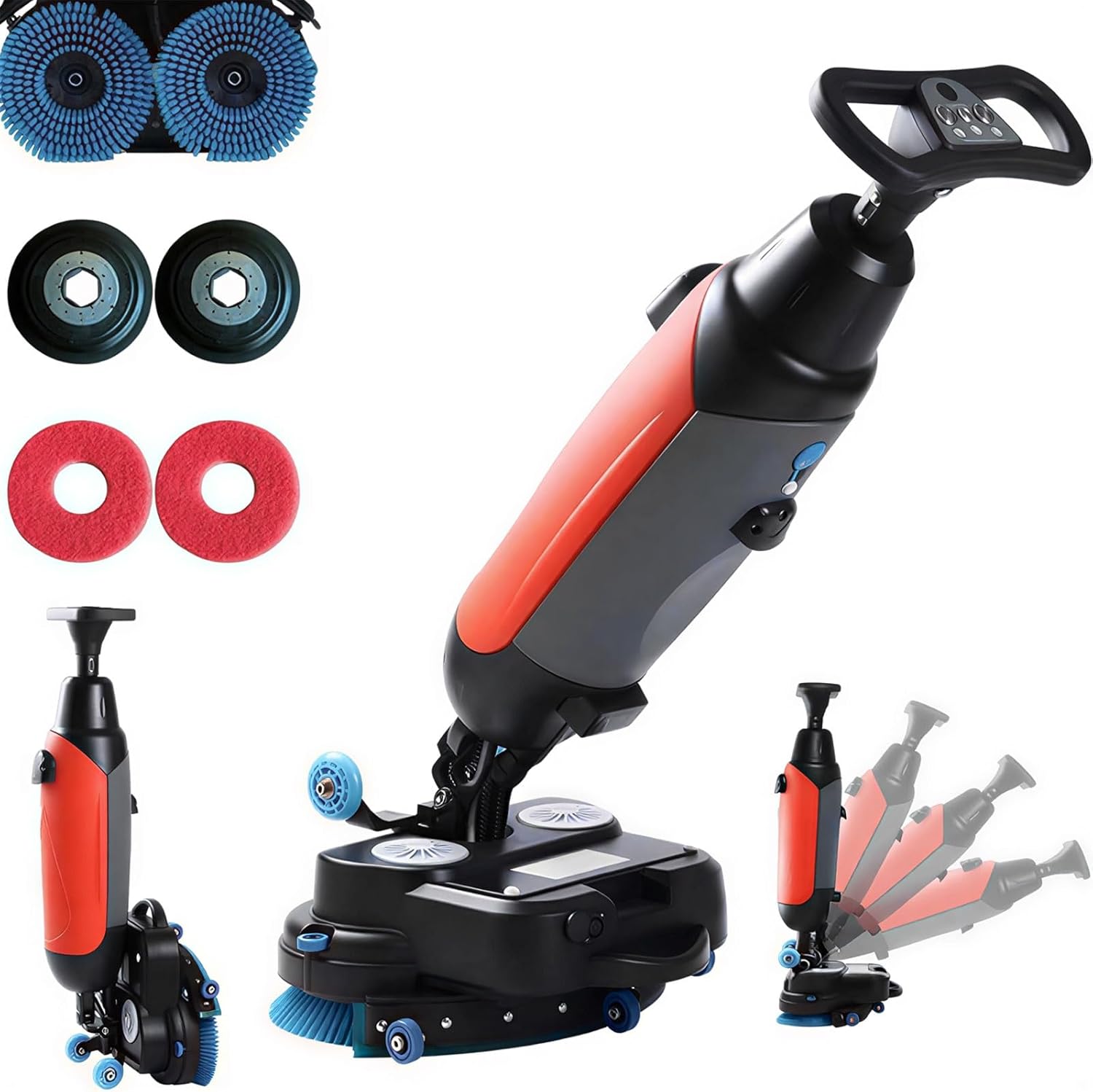 Commercial Electric Walk-Behind Auto Floor Scrubber, Portable Commercial Floor Scrubber Carpet Extractor Power Scrub Brush 17" Scrub Path 80 Min Battery For School Office Hospital Villa(Red)