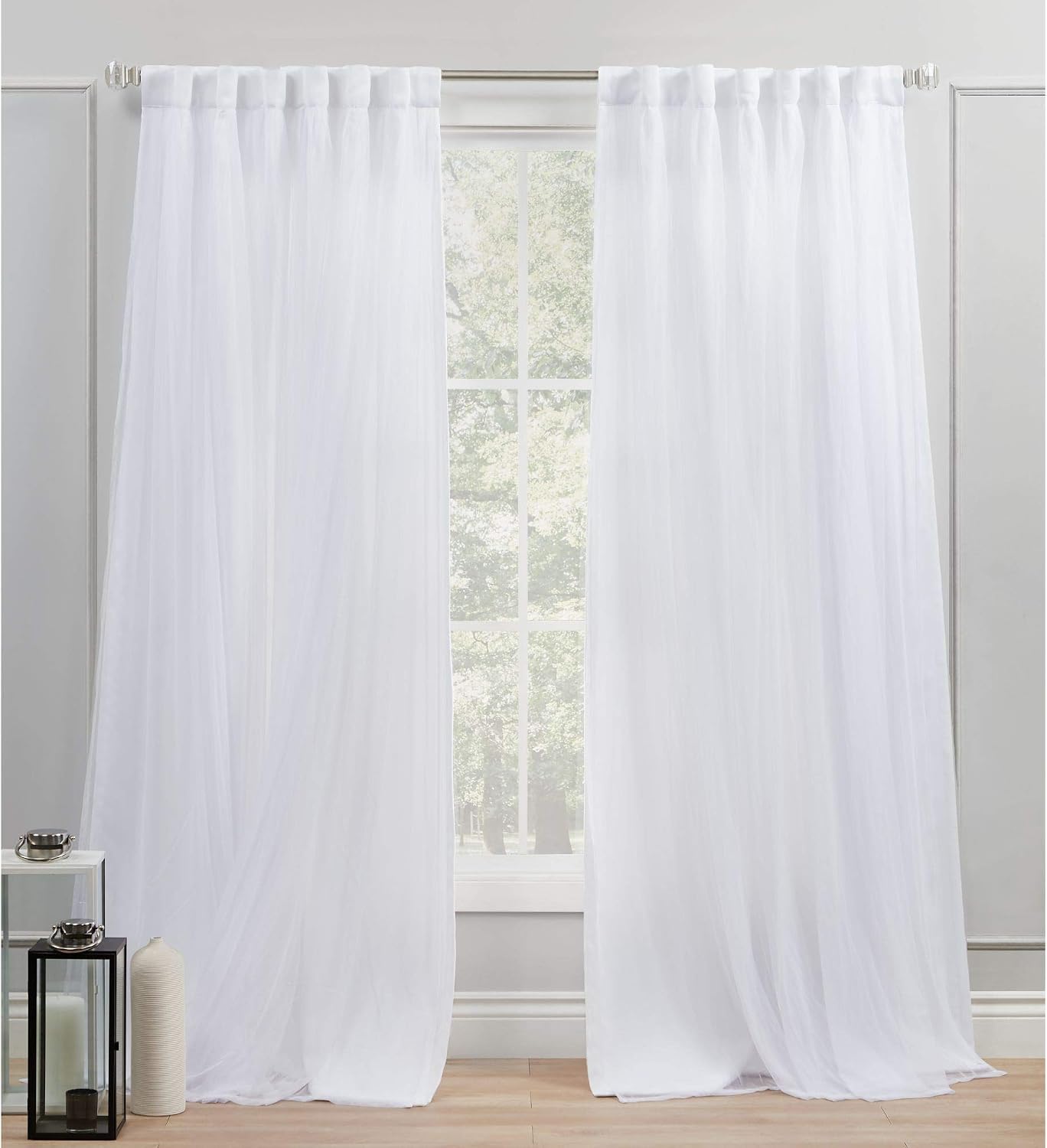 EXCLUSIVE HOME Catarina Layered Solid Room Darkening Blackout and Sheer Hidden Tab/Rod Pocket Top Curtain Panel Pair, 52"x96", Winter, Set of 2