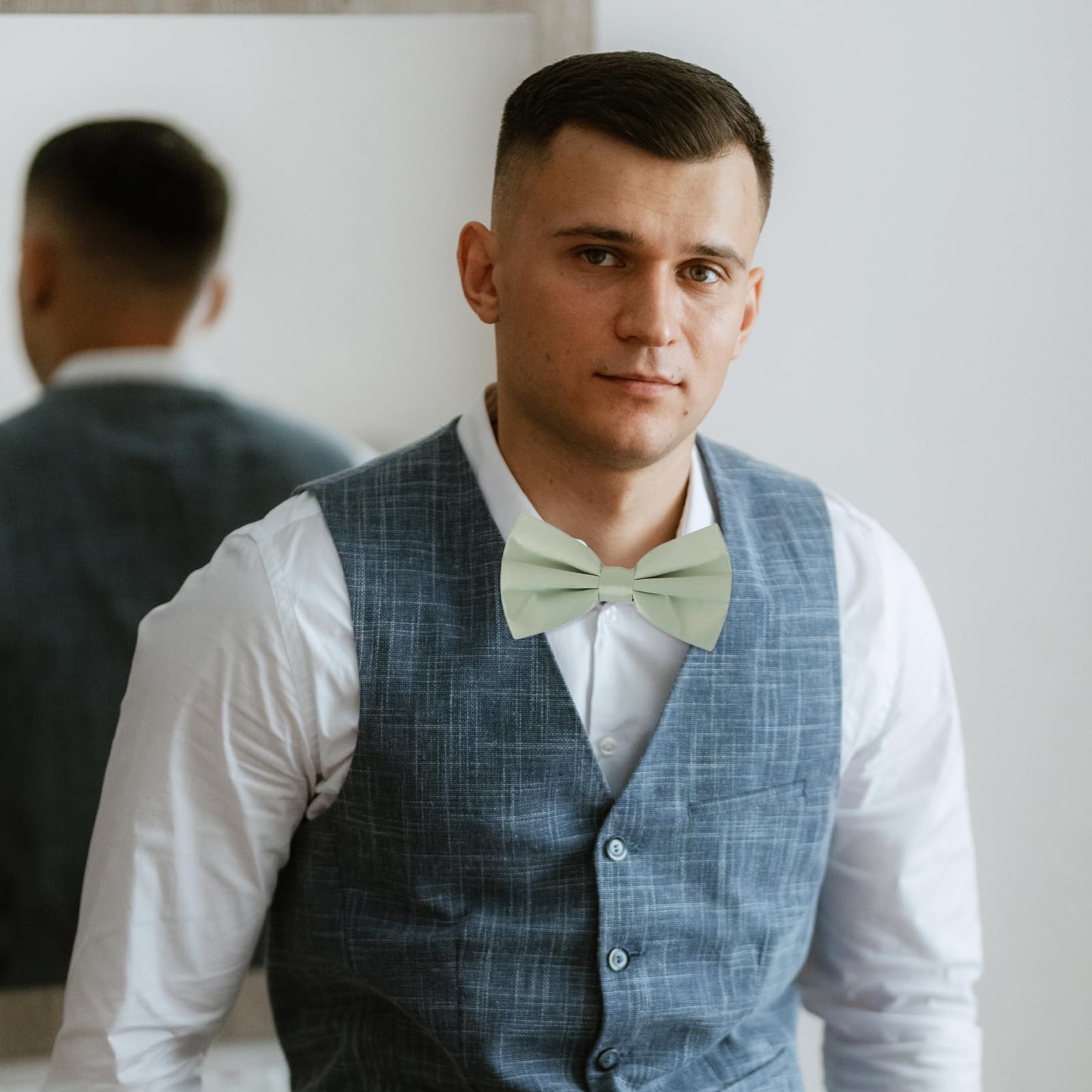 Muszka ślubna męska z chusteczką, zestaw spinek do mankietów, muszka na formalne okazje, wesela, wieczorne przyjęcia i uroczystości (szałwiowa zielona)