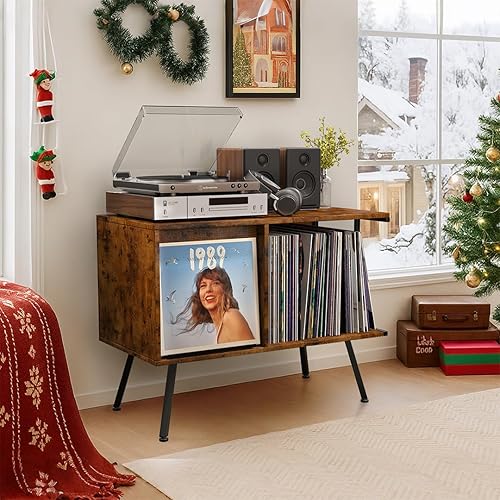 Miniatura 7 de Soporte para tocadiscos con tapa abatible, mesa grande para tocadiscos con almacenamiento abierto con capacidad para hasta 150 álbumes, soporte