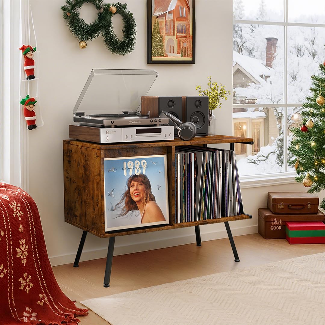 Stojak na gramofon z klapką, duża szafka pomieści do 250 albumów, gramofon z połowy wieku z otwartym schowkiem, półka ekspozycyjna do salonu, sypialni, brązowy