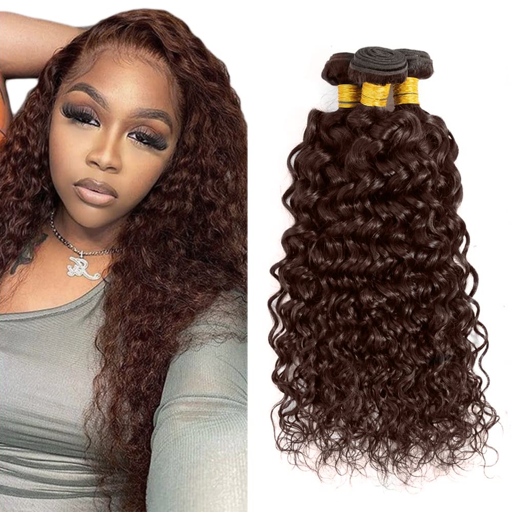 Hxxcoup 30 32 34 Inch Water Wave #4 Chocolate Brown Human Hair Bundles Weave 3 Bundles Total 300g Unprocessed Virgin Double Weft Human Hair Extension Brown Color