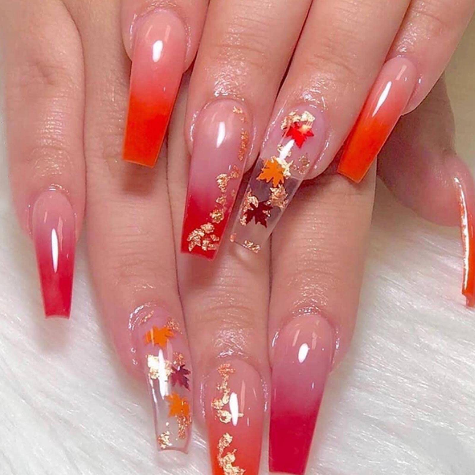 YoYoee Coffin Press on Nails Gradient Fake Nails Long False Nails Acrylics Full Cover Leaf pattern Stick on Nails for Women and Girls 24PCS