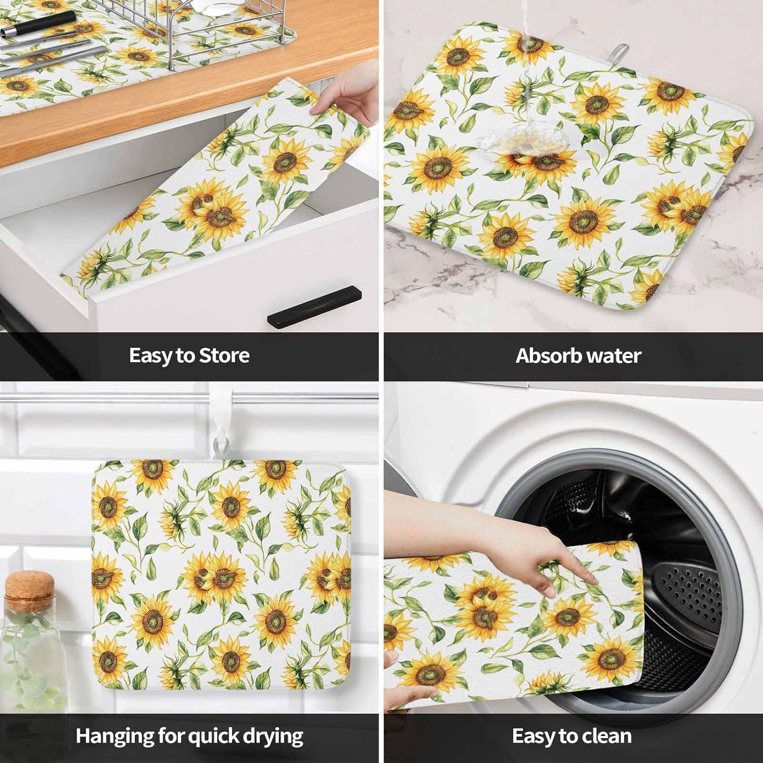 Dish Drying Mat Set of 2 Summer Sunflower Microfiber Absorbent Reusable Washable Dish Drying Rack Mat Country Flower Leaf Coffee Mat for Coffee Maker Bar Kitchen Countertops 18x24inch