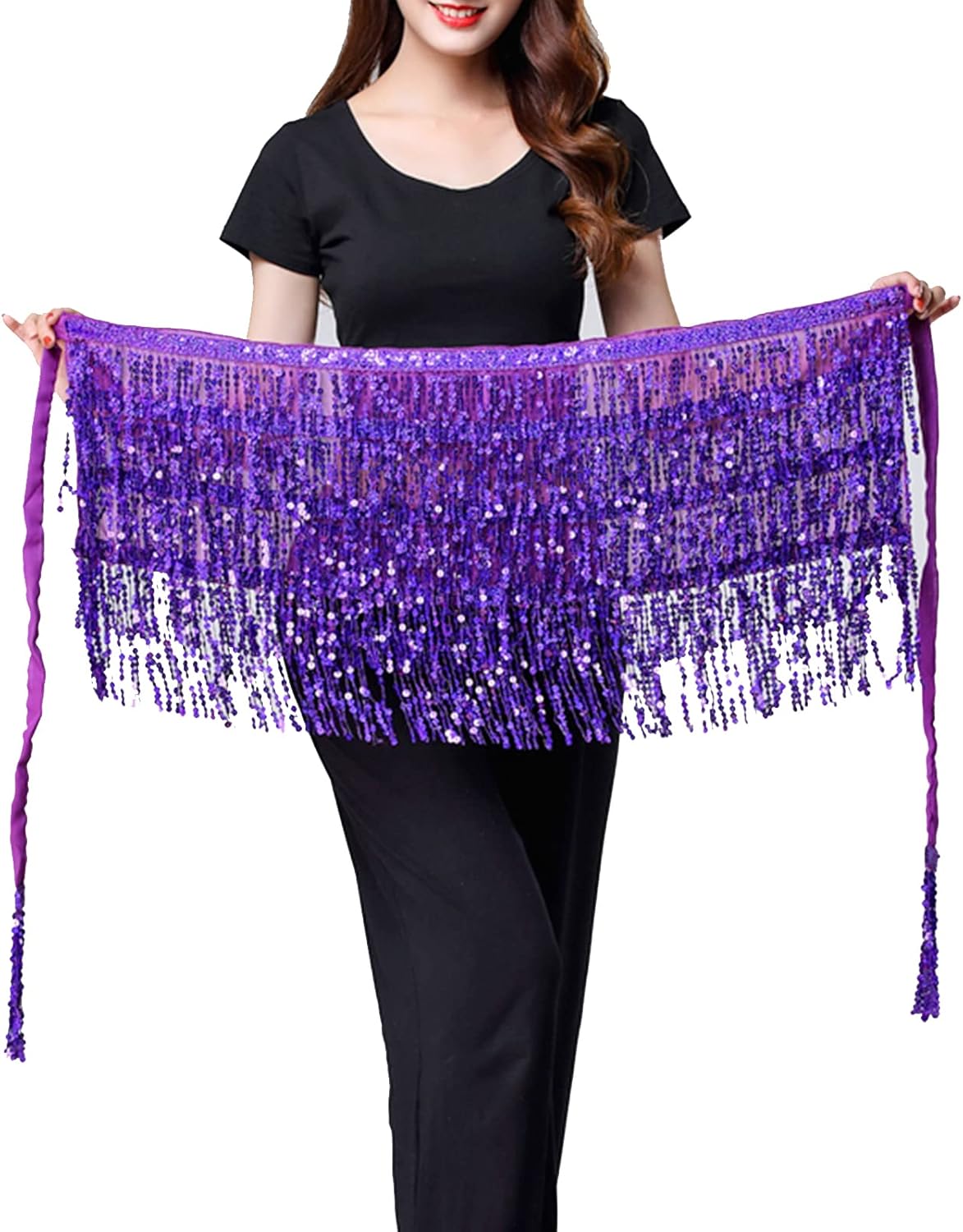Belly Dance Hip Scarf Sequin Tassel Skirt Wrap Sparkly Rave Costume for Women - Image 2