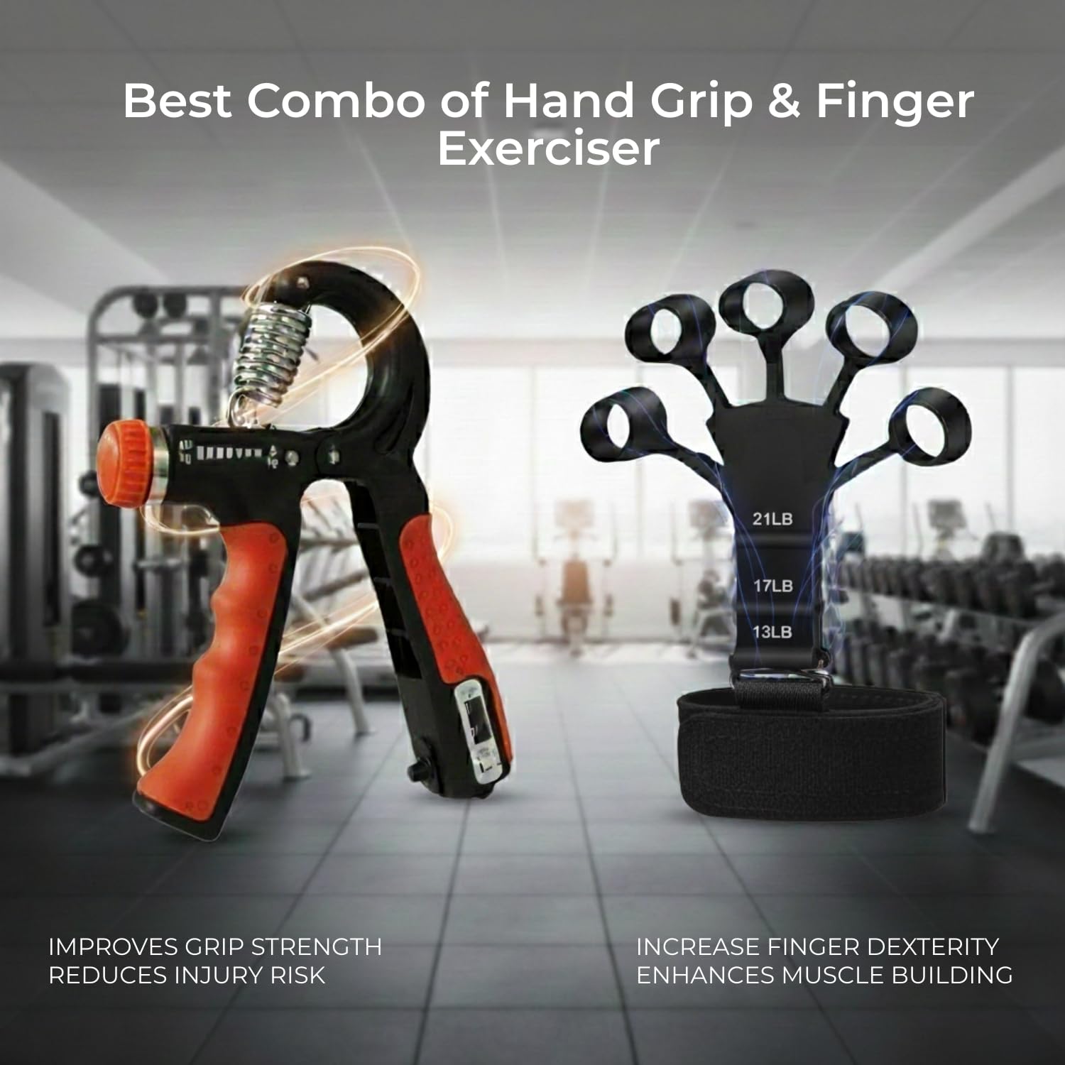 XYNO Adjustable Hand Grip & Finger Exerciser Combo | Power Gripper 10β60 KG Resistance | Forearm, Wrist & Finger Strength Trainer for Home & Gym | Men & Women (Black/Orange) 1
