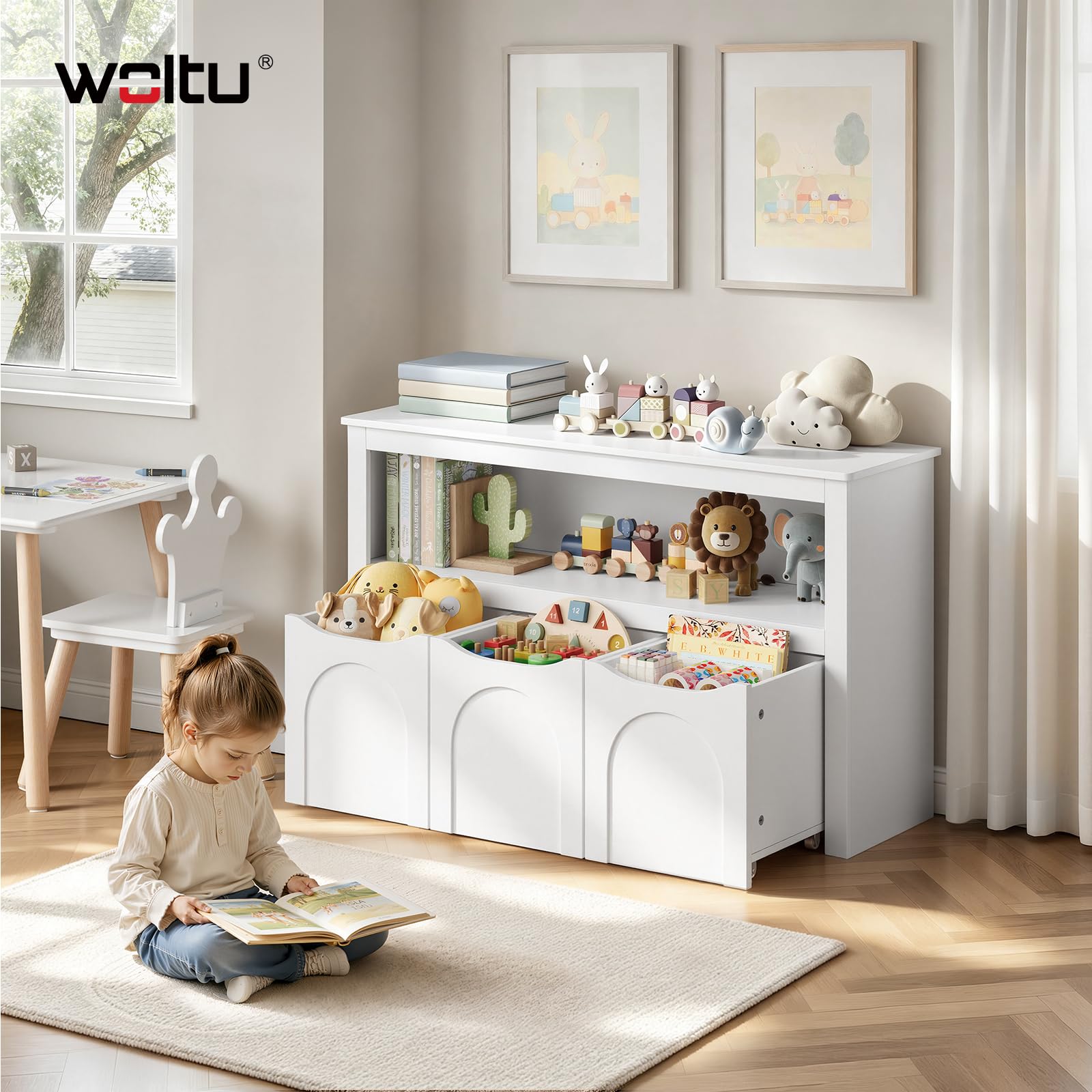 WOLTU Meuble Rangement Enfant, avec 3 Tiroirs Roulants, 1 Casier Ouvert