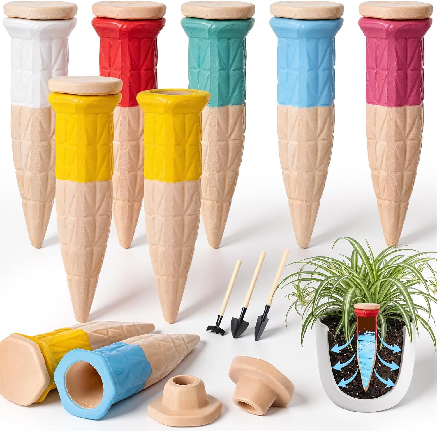 6 Pack Terracotta Watering Spikes with Lids and 3 Shovels Plant Watering Devices Wine Bottle Automatic Plant Slow Release Self Planting Stakes for 4”-6” Pots(3.94 x 1.18 x 1.18 Inches)
