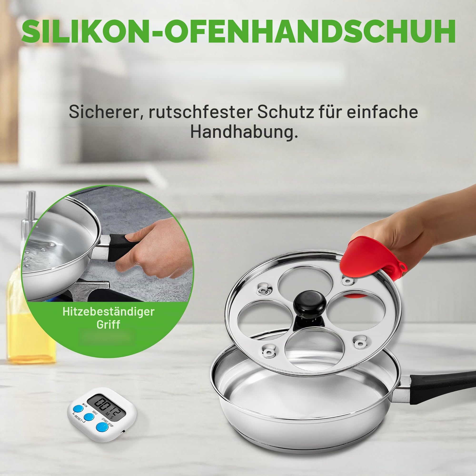 NutriChef Eier Pochierer Edelstahl 20 cm– Eierkocher Für 4 Eier, Pochierte Eier Form, Induktionsgeeignetes Mit Glasdeckel, Antihaft Bechern, Timer Und Spatel (Silber)