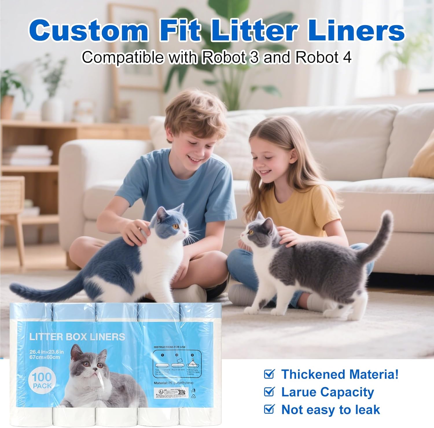 100 Count Litter Box Liners for Litter Robot 4 and 3 Waste Bags, Leak Proof Replacement Jumbo Cat Litter Box Liners, 26" x 24" Extra Thick Cat Litter Bags, Durable Waterproof Litter Bags