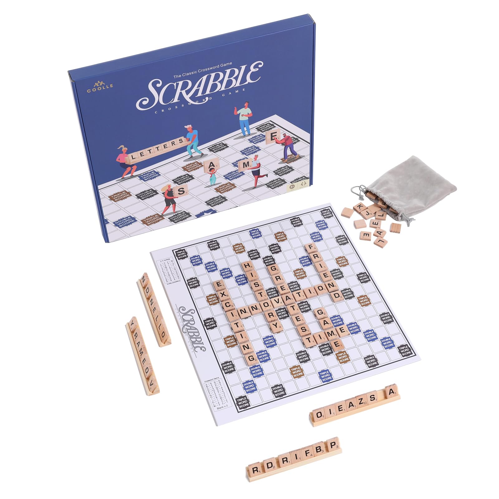 Crossword Board Game Classic Original Wooden Tiles Racks for Scrabble Adults Kids Ages 3+ Fun Family Games 2-4 Players