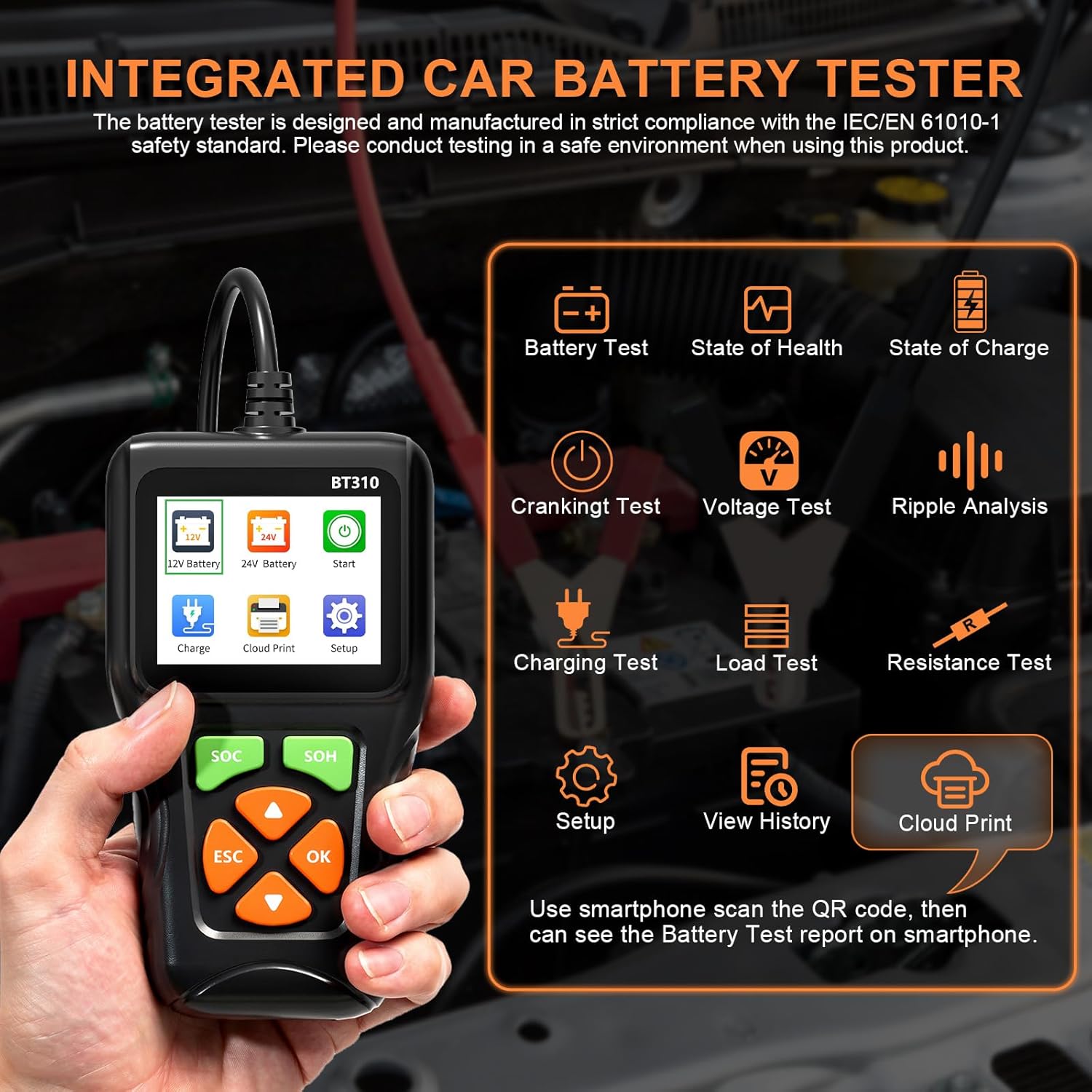 12V/24V Car Battery Load Tester Automotive – 100-2000 CCA Alternator Tester & Charging Diagnostic Tool with QR Cloud Report No App, for Car Truck SUV Motorcycle Boat RV, Flooded AGM Gel Lead-Acid
