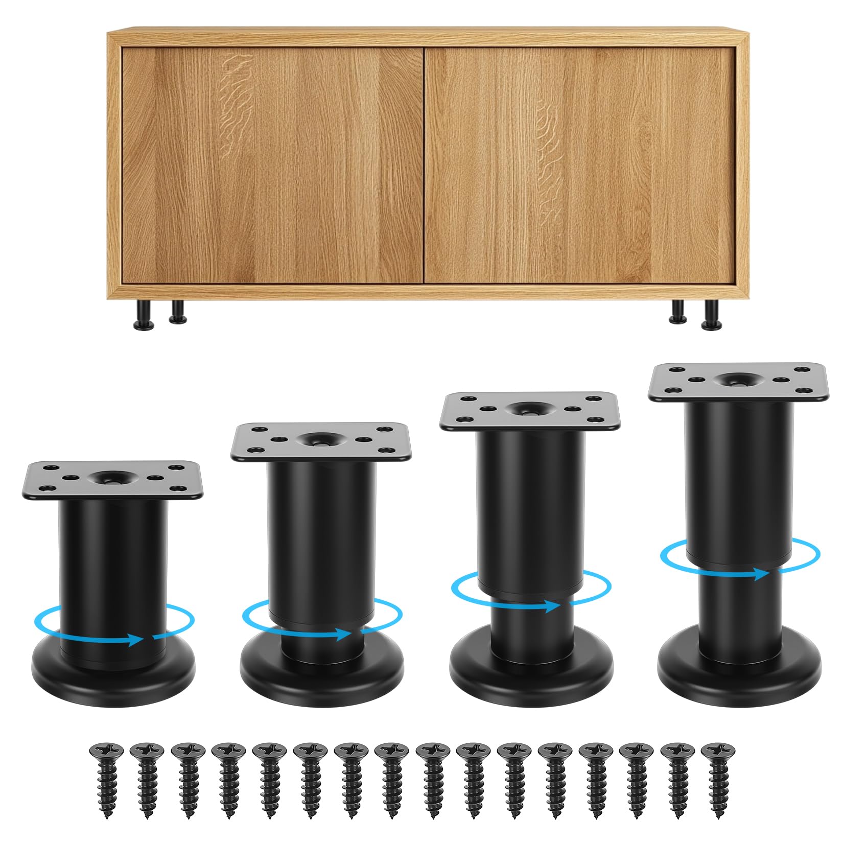 Zhujiehigh 4 Pack Adjustable Furniture Legs, 8-12cm Height Adjustable Table Legs with Black Screws, Universal Metal Furniture Feet for Cabinets, Sofa & Bed Frames