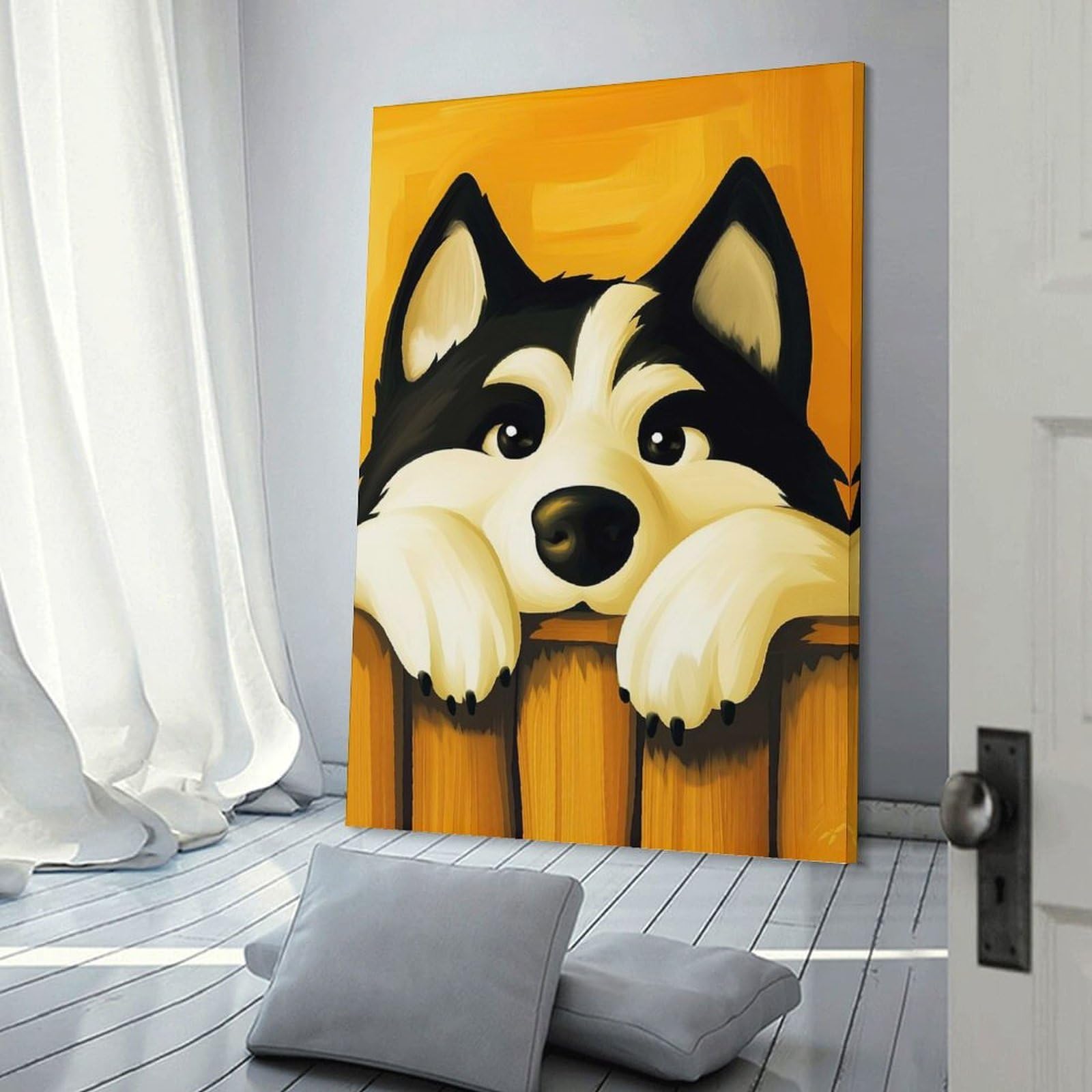 Junmoney Husky Peeking Over Fence Canvas Wall Picture, 16x24inch(40x60cm), for Wall Displays, Bedrooms Or Room Updates, Wall Decor Suited to Curated Displays