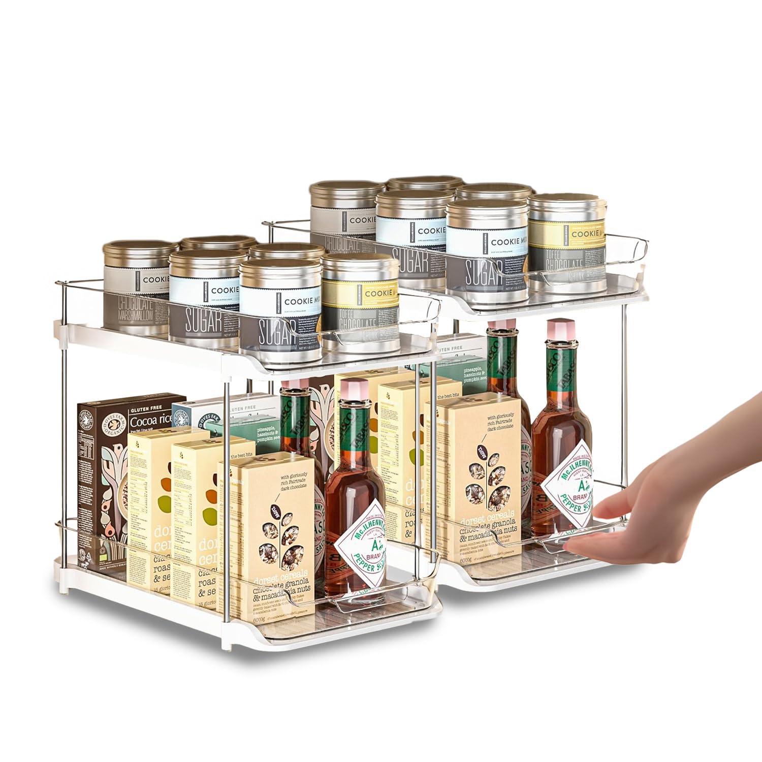 Avilia Set 2 Organizer Cucina e Bagno con Cassetti Estraibili - Scaffale Salvaspazio Impilabile a 2 Livelli - Organizer Sottolavello per Detersivi, Spezie e Cosmetici - Facile Montaggio - Bianco