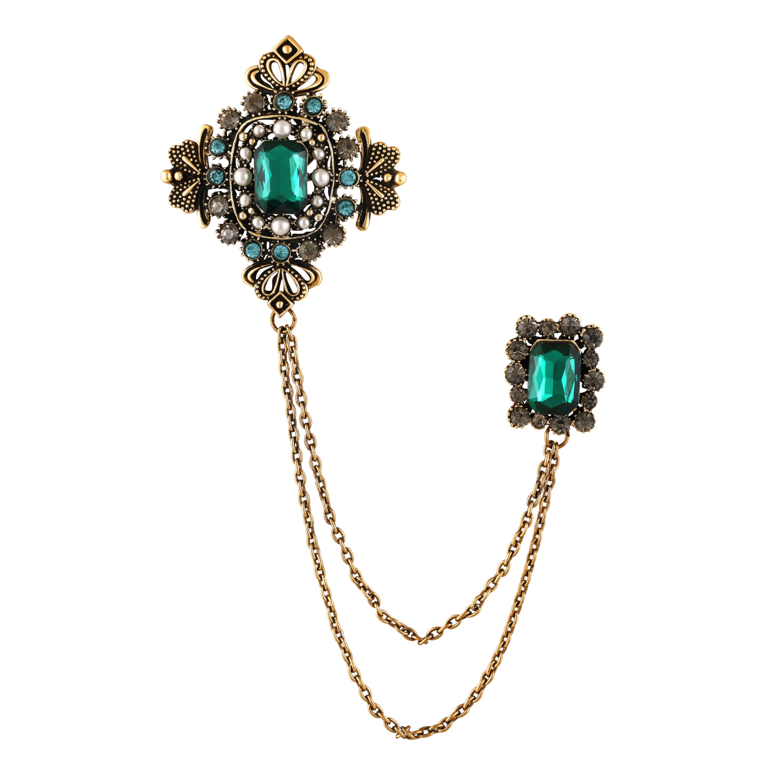Victorian Style Artificial Pearl & Green Crystal Sherwani Brooch Pin with Hanging Chain for Men (BP1101193GGre)