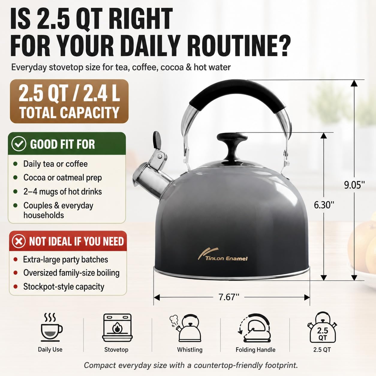 2.5 Qt Whistling Tea Kettle for Stovetop, Black image 3