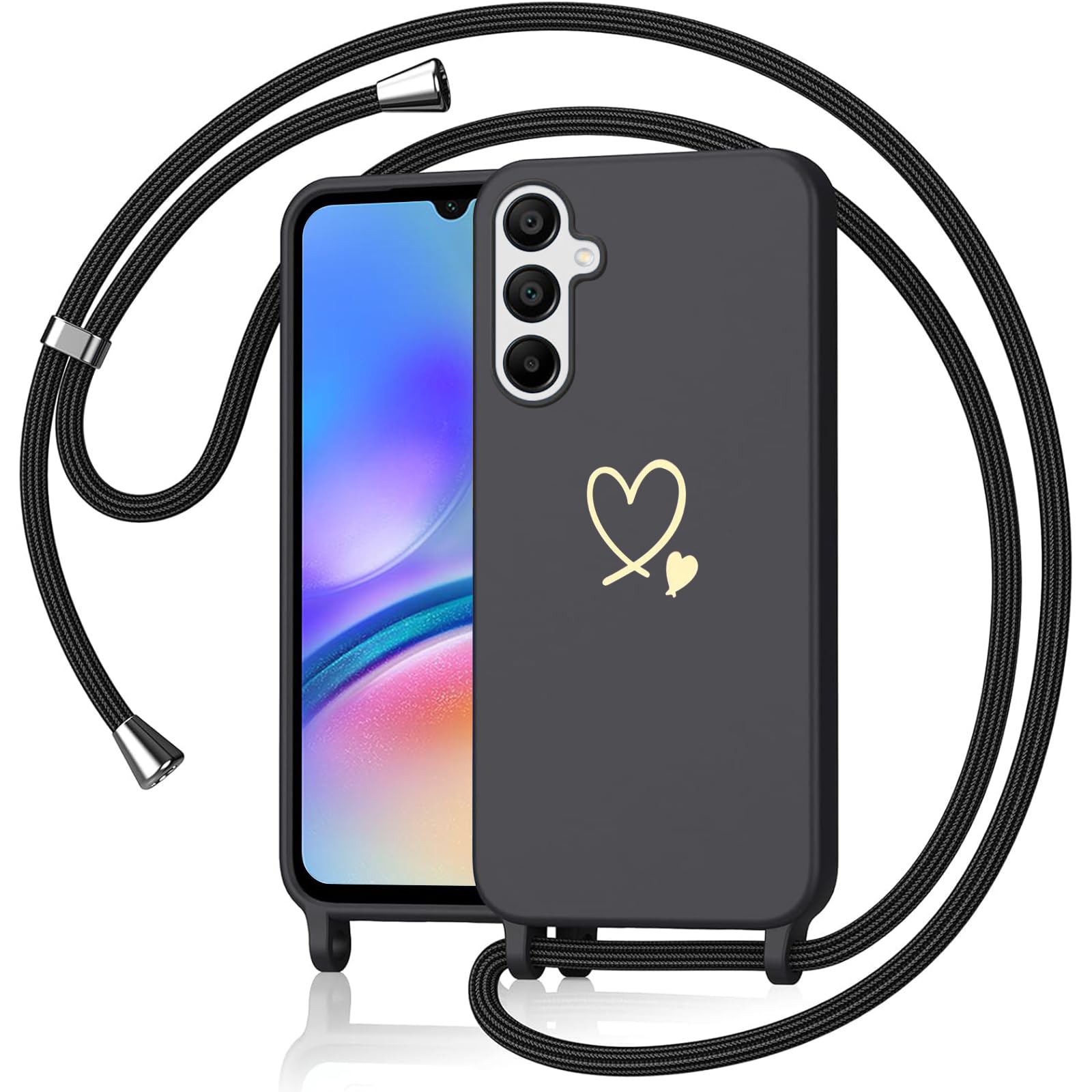 Yichxu Handyband für Samsung Galaxy A05s Hülle mit Band, Herz Design Necklace Handyhülle zum Umhängen Kordel, Stoßfest Schutzhülle mit Kette, Liquid Silikon Case für Samsung A05s Schwarz