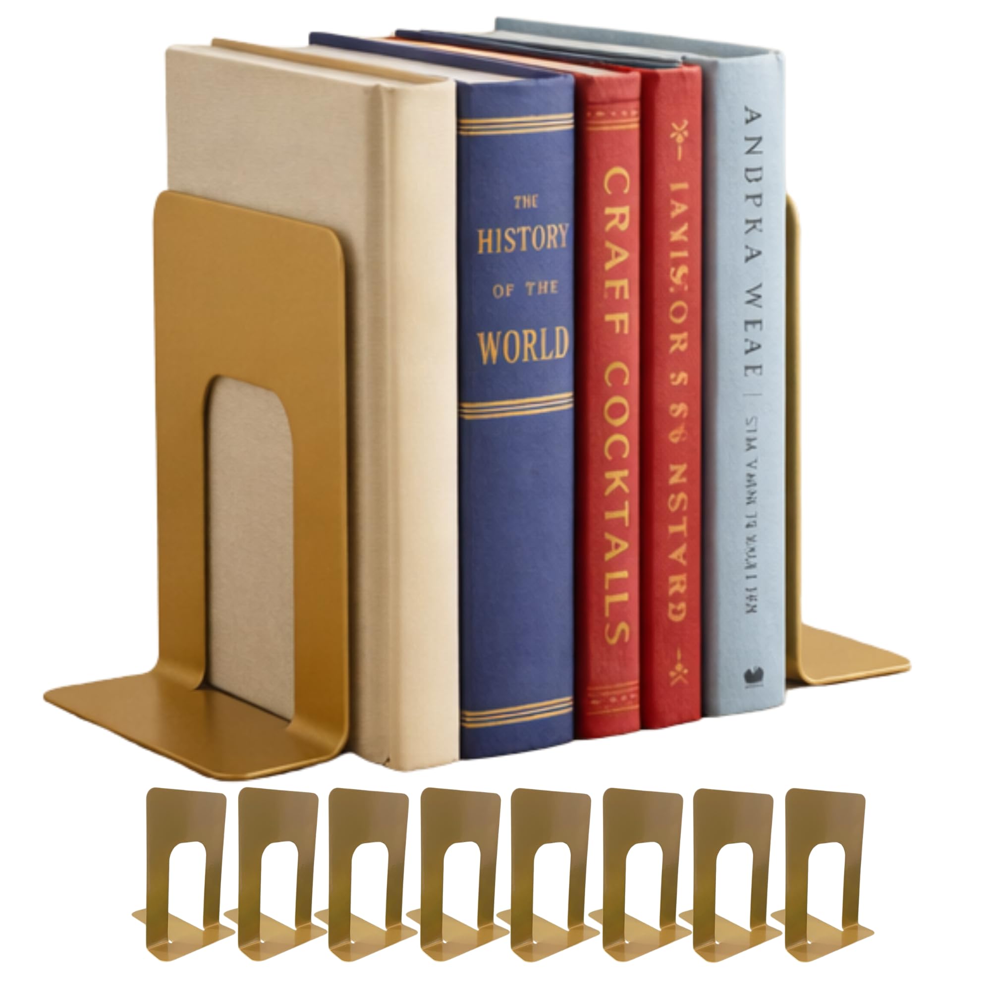 Alessk Sujetalibros dorados, sujetalibros resistentes, sujetalibros para estantes, sujetalibros de metal para libros pesados, topes decorativos para libros, decoración del hogar u oficina,