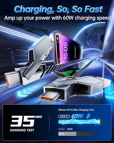 Miniatura 4 de Cable USB C largo 4 en 1 de 60 W y 10 pies compatible con cable Lightning carga rápida y transferencia de datos cable de carga plana de nailon