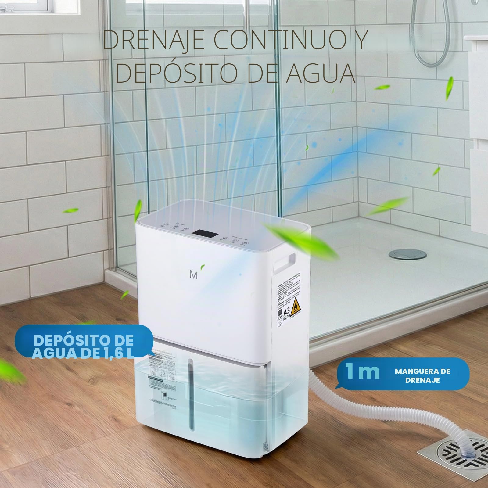 Mxmoonant Deshumidificador 15L/día, App + panel control humedad | timer 24h, 3 modos, manguera y depósito para hogar y sótano