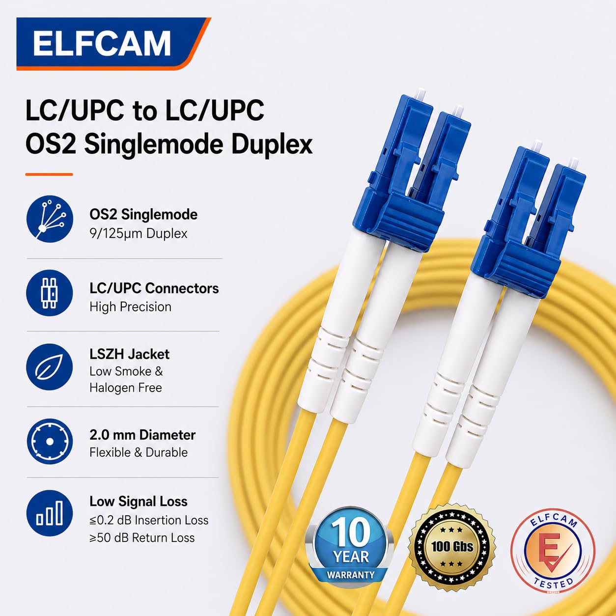 Elfcam® – Cavo in fibra ottica (jarrettiera ottica) LC/UPC a LC/UPC OS2 Monomodale Duplex 9/125um (50M)