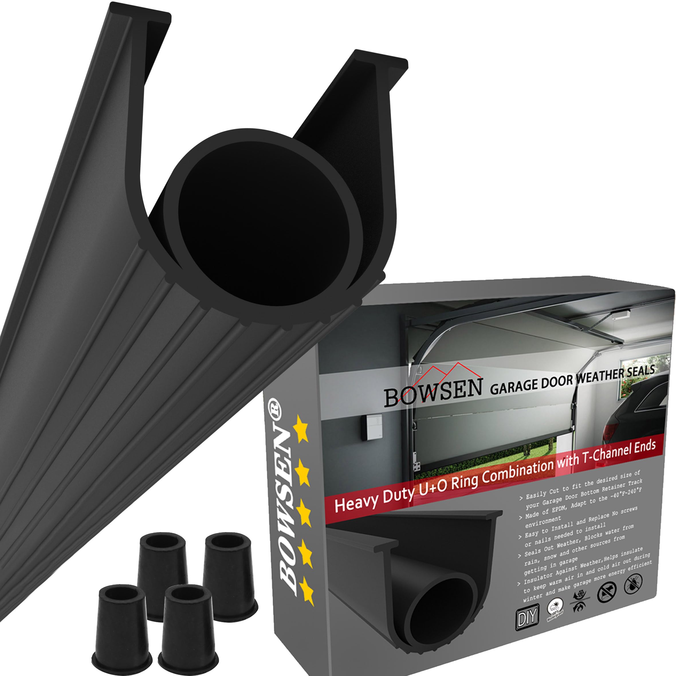 BOWSEN Garage Door Bottom Seals Weatherproof Weather Stripping Threshold Buffering Sealing 2 Doors High Performance EPDM Rubber Resistance Gasket Black 1/4 Inch T-End, 20FT Long — image 1