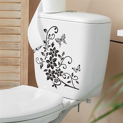 Miniatura 4 de WAFT YEARN Pegatinas de PVC removibles para tapa de asiento de inodoro, diseño de flores, mariposas, para baño, decoración artística (flores y