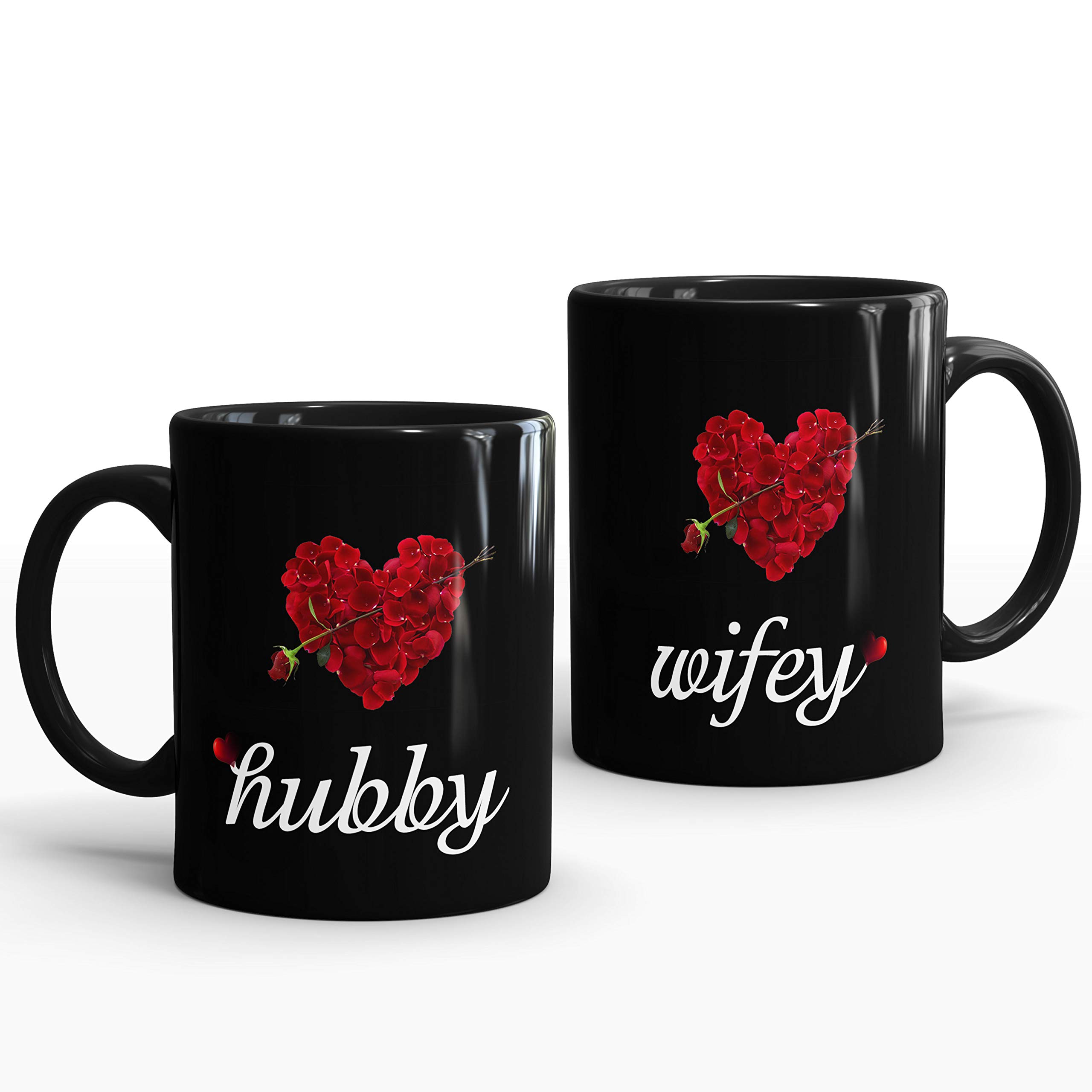 Gift Arcadia Ceramic Coffee/Milk Mugs Set for Hubby & Wifey Series| Anniversary Wedding Engagement Valentine Gifts for Couple (325 ML X 2)| Scratch-Resistant & Stain-Proof Tea Cups Set Black (A131)