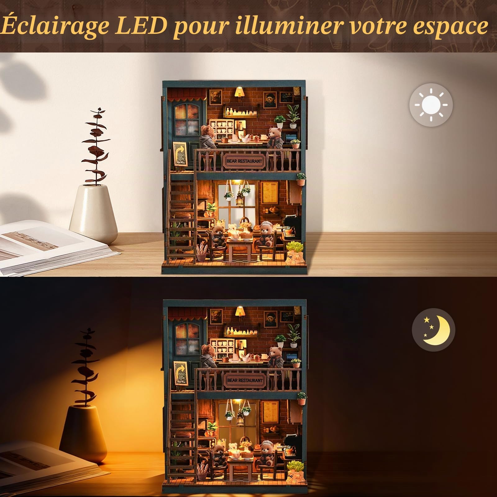 Book Nook Kit, Restaurant Bear Maison Miniature avec Lumière LED, Puzzle 3D en Bois Booknook Bibliothèque, DIY Miniature Maison Poupée, Buchstütze Décoration Créatif Cadeau pour Adultes