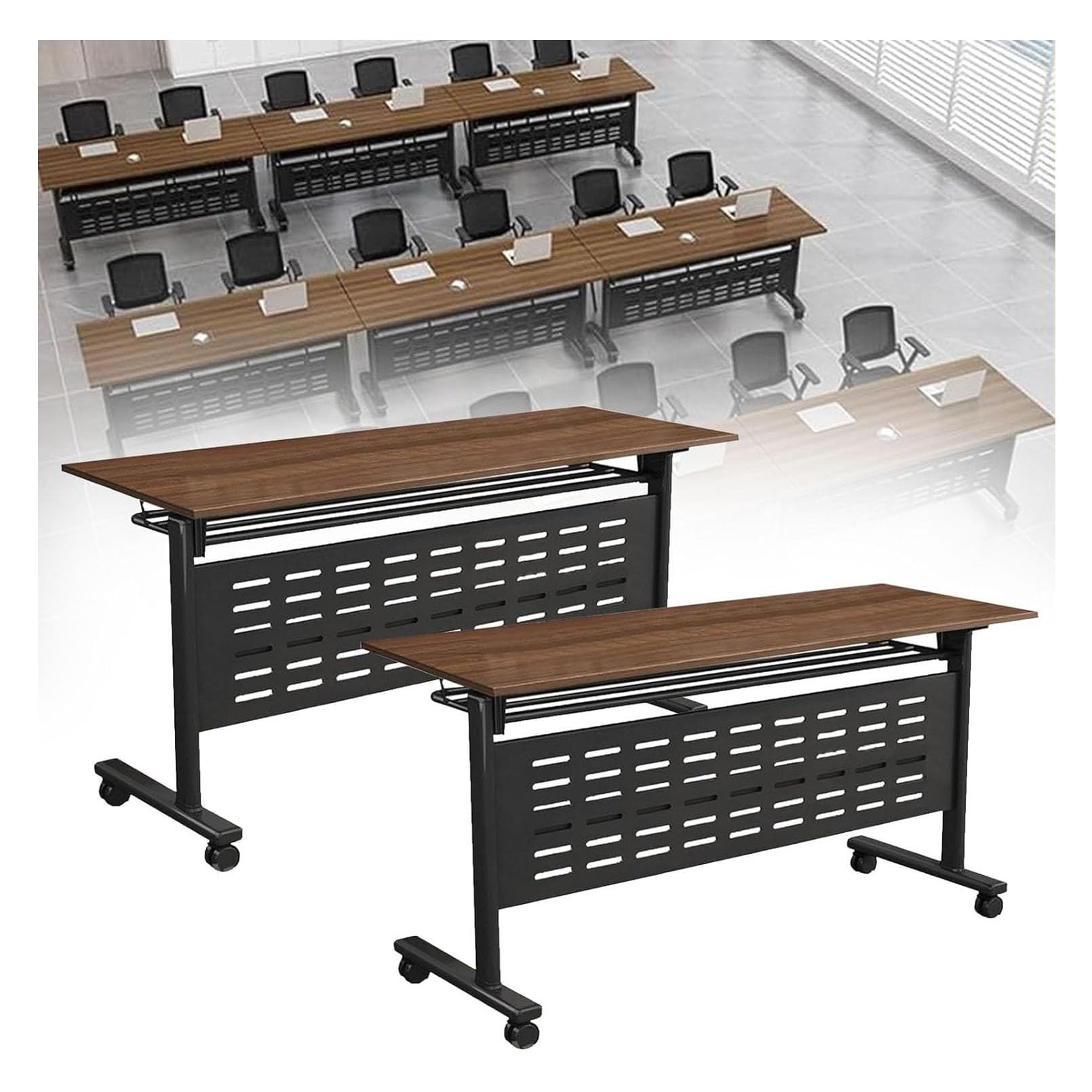 Tavolo riunioni mobile con piano ribaltabile per 2-16 persone, moderno tavolo da conferenza pieghevole con ruote, scrivania modulare per sala formazione con cassetti, struttura in acciaio laminato a