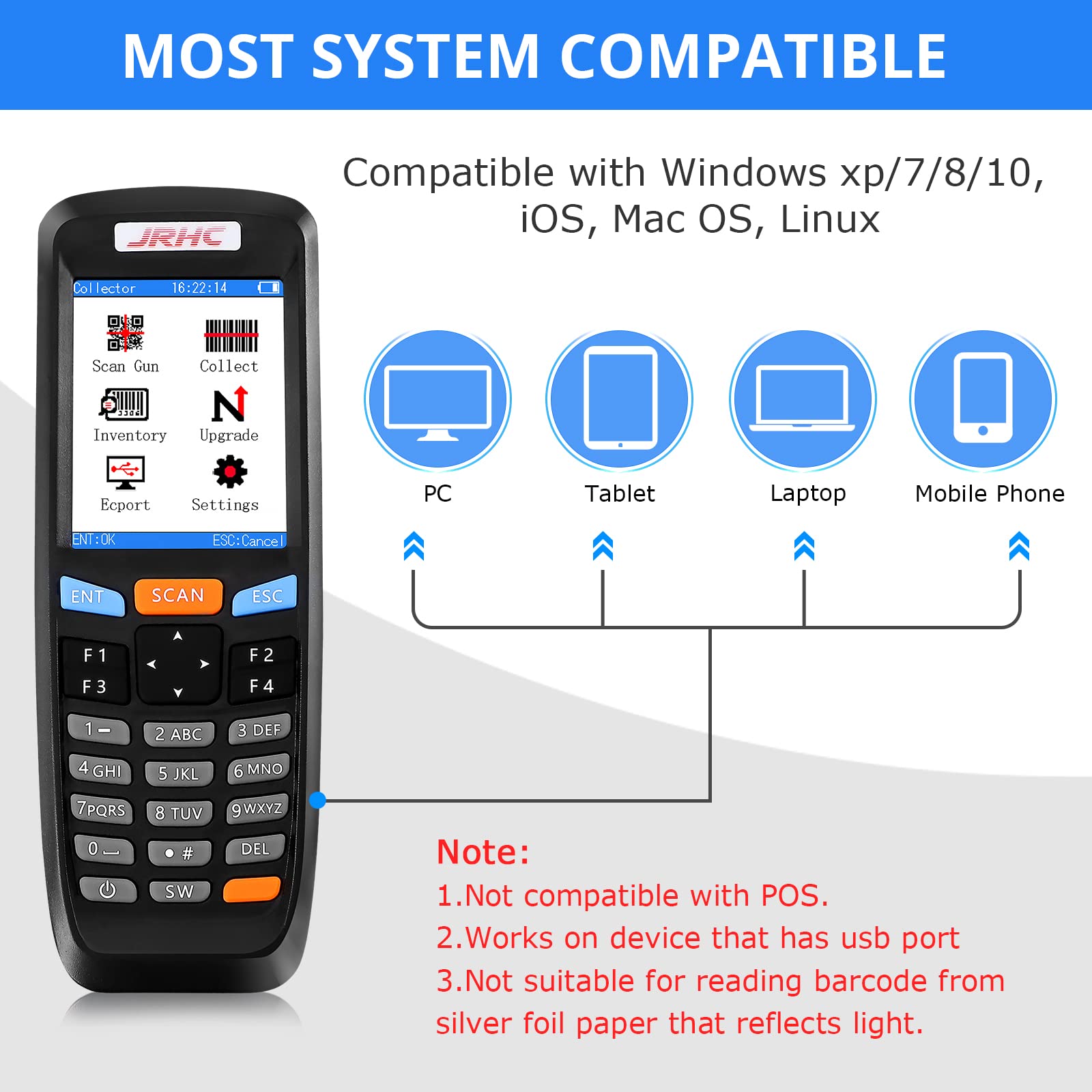 1D Laser Barcode Scanner Collector Compteur d'inventaire avec récepteur USB sans Fil 2,4 GHz Longue Distance de Transmission Multifonctionnel Écran LCD 2,8 Pouces Lecteur de Codes à Barres pour