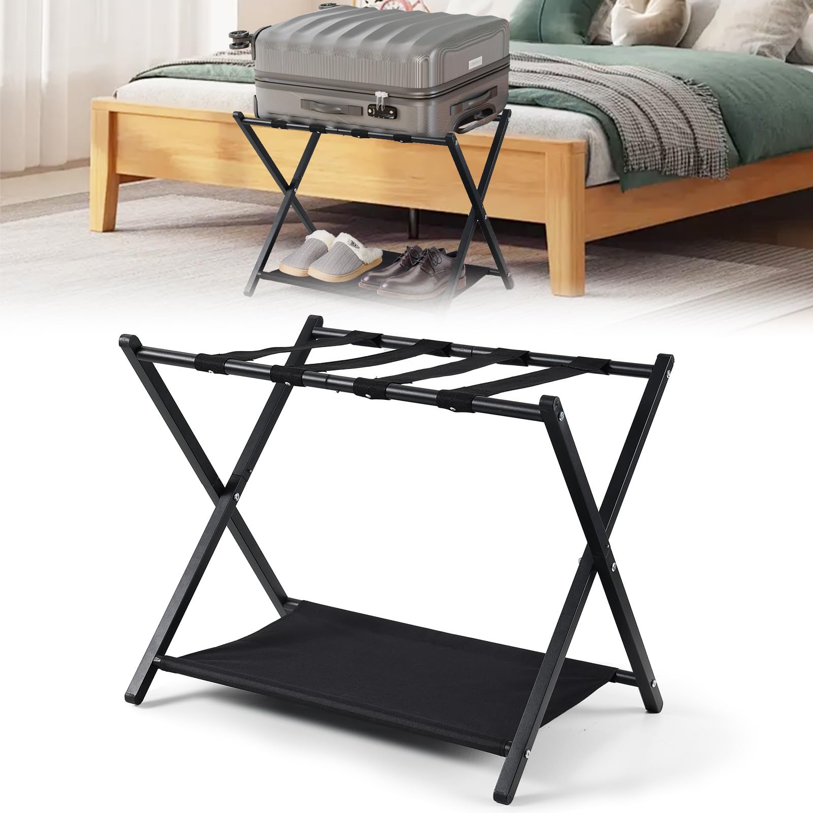 Porte Valise Support de Valise Pliable en Bambou pour Hôtel, Porte Bagage Chambre à Coucher, Chambre d'amis, Métal Chromé, Pliable