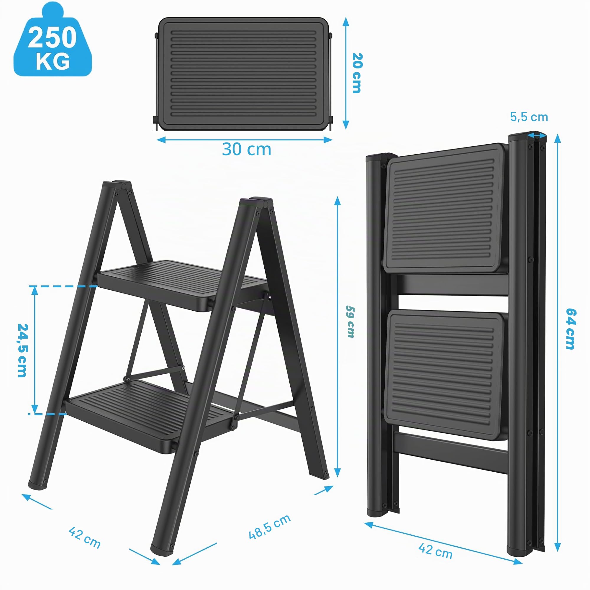 LZQ Escabeau 2 marches Pliable Tritthocker avec Pédale Large Escabeau Pliable antidérapant Échelle de sécurité Échelle Pliable jusqu'à 270 kg Charge maximale Échelle pliante pour la maison et la